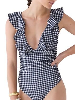 J. Crew RETAIL Navy and White Gingham Ruffle One-Piece Swimsuit